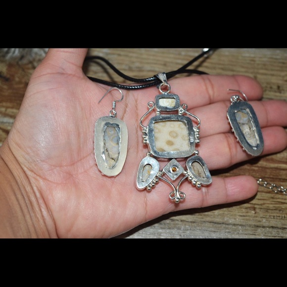 Agatized Fossil Coral Pendant & Earrings Set - Picture 6 of 6